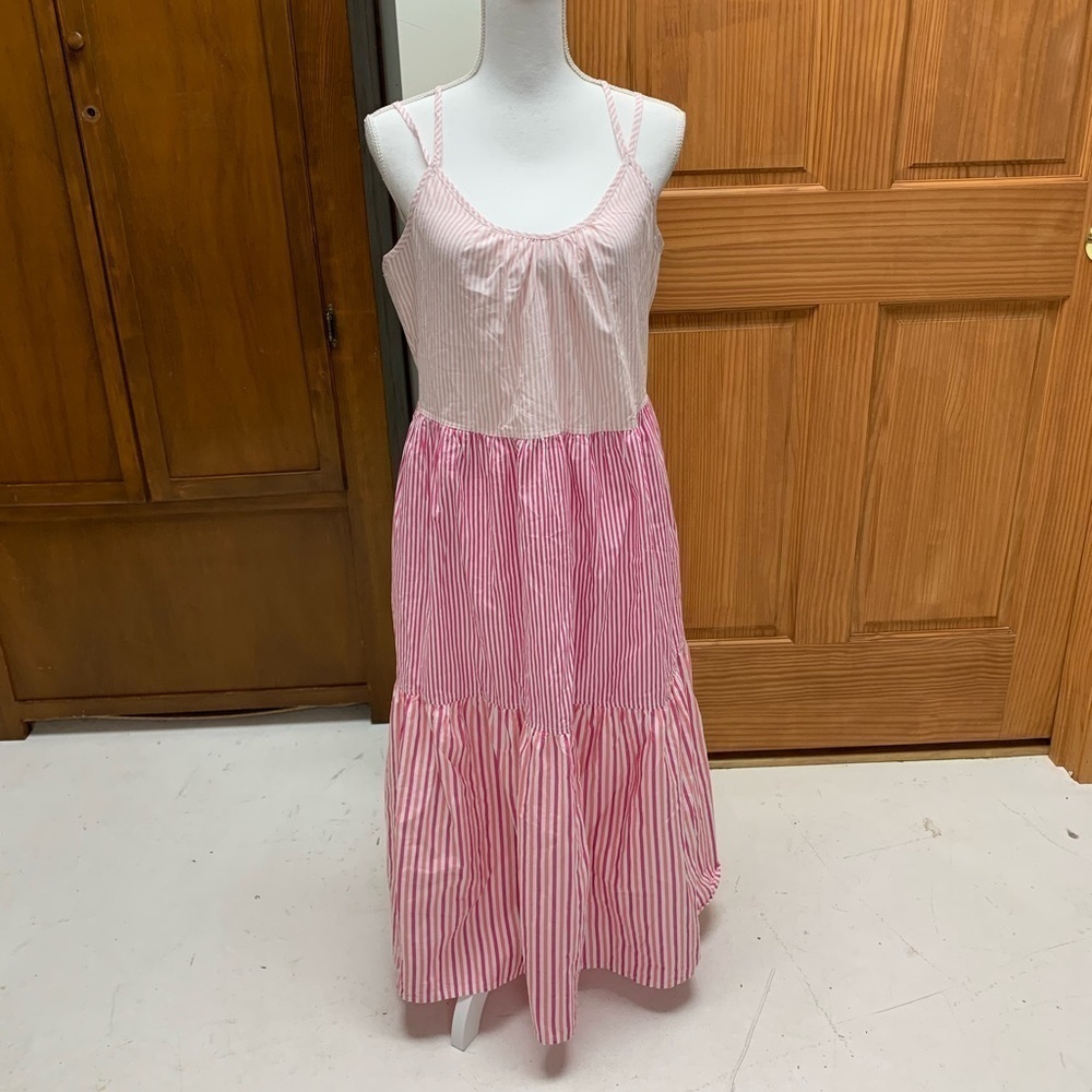 Free Assembly tiered striped maxi dress adjustable spaghetti straps MED #easter